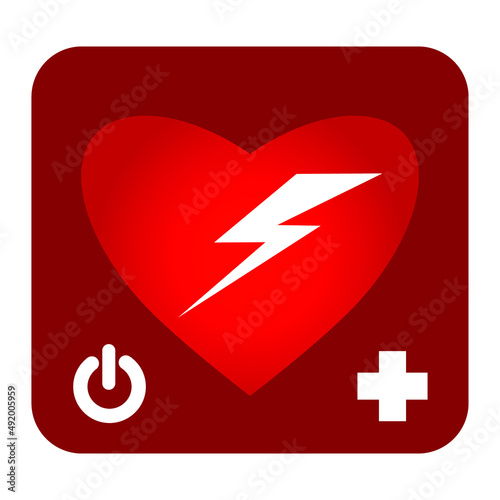red defibrillator icon There is lightning in the middle, an open button, and a medical symbol in the bottom corner.