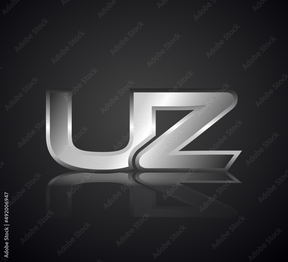 Modern Initial logo 2 letters Silver Metal Chrome simple in Dark Background with Shadow Reflection UZ Modern Initial logo 2 letters Silver Metal Chrome simple in Dark Background with Shadow Reflection UZ