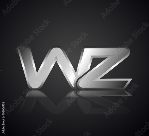 Modern Initial logo 2 letters Silver Metal Chrome simple in Dark Background with Shadow Reflection WZ