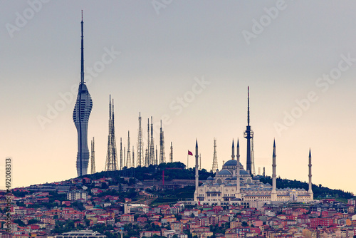 istanbul- turkey 07.15.2020 Remote view of Istanbul Çamlıca Mosque and Çamlıca TV Tower