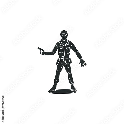 Soldier Toy Icon Silhouette Illustration. Military Weapon Model Vector Graphic Pictogram Symbol Clip Art. Doodle Sketch Black Sign.