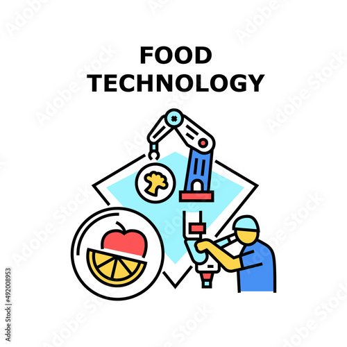 Food Technology Vector Icon Concept. Chemist Laboratory Worker Researching Nutrition Modified Genetically And Factory Modern Food Technology. Fruit And Vegetable Agriculture Color Illustration