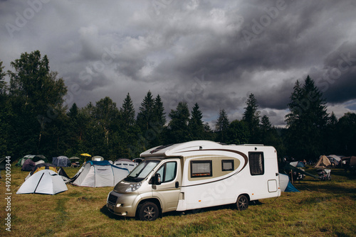 Camping in the middle of the mountains in cloudy weather in Ukraine.