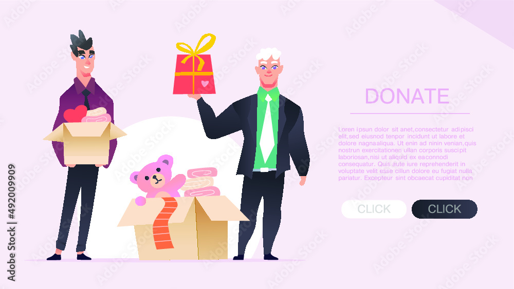 People donating for charity. Character cartoon donate. Volunteers collecting toys, food and money, clothes.Concept banner, financial support, landing page.