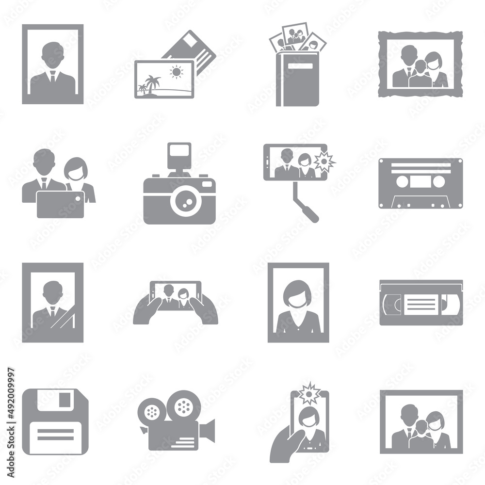 Memories Icons. Gray Flat Design. Vector Illustration. Memories Icons. Gray Flat Design. Vector Illustration.