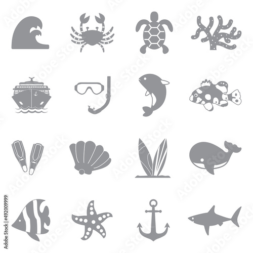 Ocean Icons. Gray Flat Design. Vector Illustration.