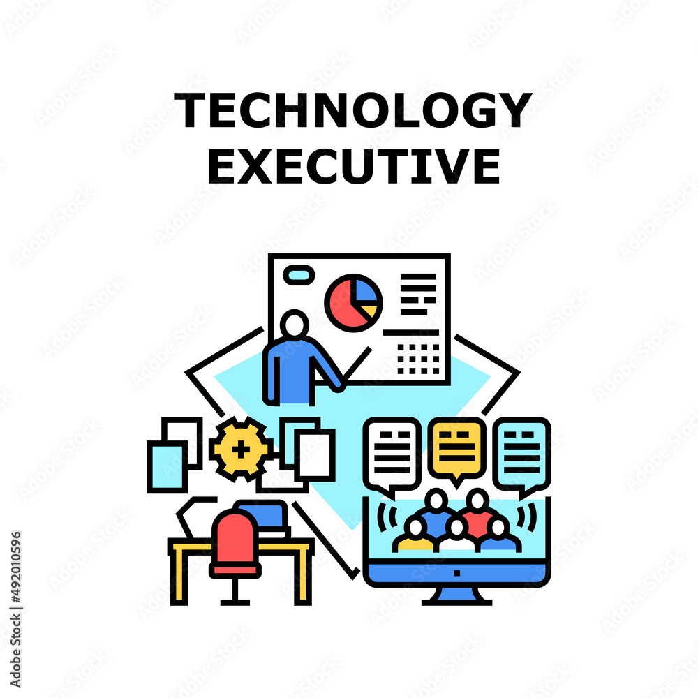 Technology Executive Vector Icon Concept. Technology Executive Presenting Financial Report Chart For Investor In Presentation Room And Online. Video Call With Audience Color Illustration Technology Executive Vector Icon Concept. Technology Executive Presenting Financial Report Chart For Investor In Presentation Room And Online. Video Call With Audience Color Illustration