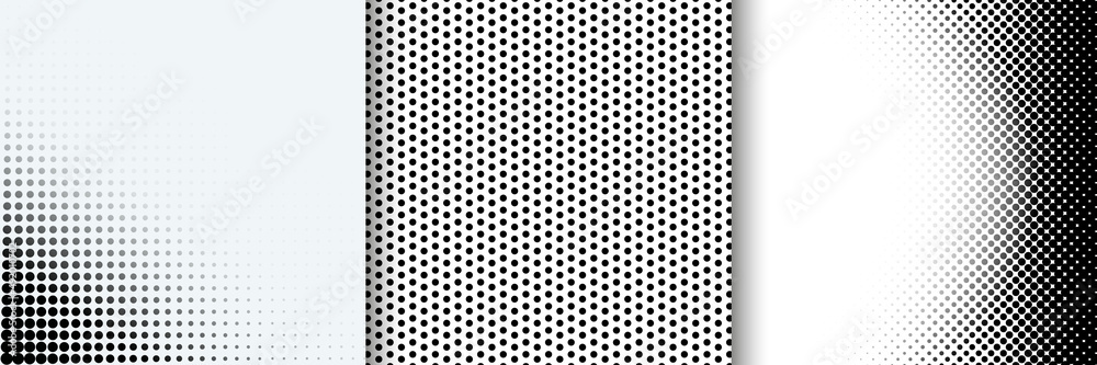 Halftone dotted patterns. Pop art gradient background with circles. Comic half tone radial texture. Optical spotted effect. Abstract design. Set of black white banners. Monochrome vector illustration Halftone dotted patterns. Pop art gradient background with circles. Comic half tone radial texture. Optical spotted effect. Abstract design. Set of black white banners. Monochrome vector illustration