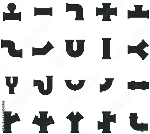 Set of plumbing pipe hardware icon. Sanitary connection technical pressure plumbing systems. Silhouette linear symbol vector illustrator.