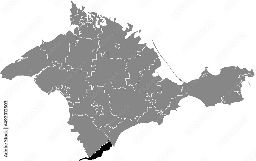 Black flat blank highlighted location map of the YALTA MUNICIPALITY inside gray administrative map of raions and city municipalities of the Autonomous Republic of Crimea, Ukraine