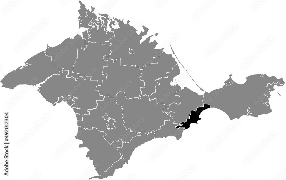 Black flat blank highlighted location map of the FEODOSIA MUNICIPALITY inside gray administrative map of raions and city municipalities of the Autonomous Republic of Crimea, Ukraine