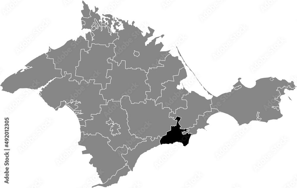 Fototapeta premium Black flat blank highlighted location map of the SUDAK MUNICIPALITY inside gray administrative map of raions and city municipalities of the Autonomous Republic of Crimea, Ukraine