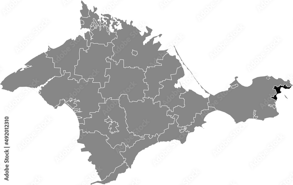 Black flat blank highlighted location map of the KERCH MUNICIPALITY inside gray administrative map of raions and city municipalities of the Autonomous Republic of Crimea, Ukraine