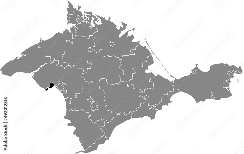 Obraz premium Black flat blank highlighted location map of the YEVPATORIA MUNICIPALITY inside gray administrative map of raions and city municipalities of the Autonomous Republic of Crimea, Ukraine