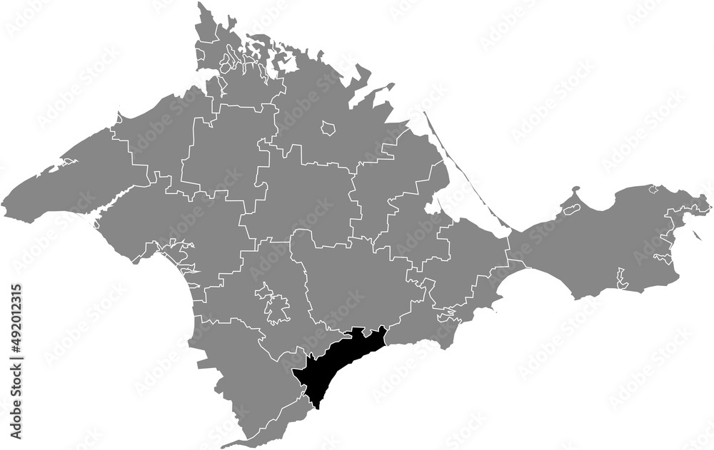 Black flat blank highlighted location map of the ALUSHTA MUNICIPALITY inside gray administrative map of raions and city municipalities of the Autonomous Republic of Crimea, Ukraine