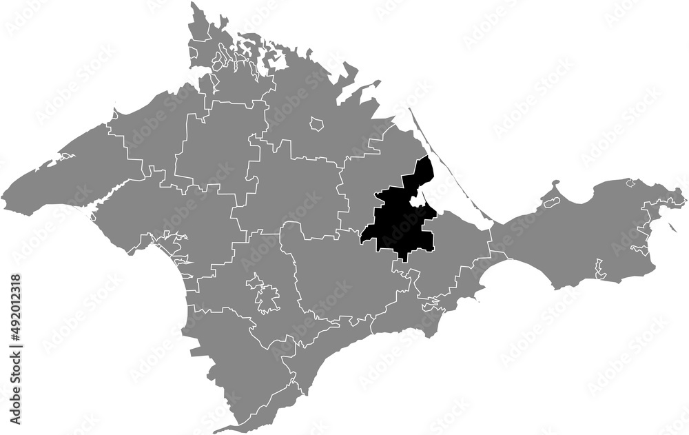 Black flat blank highlighted location map of the SOVETSKYI RAION inside gray administrative map of raions and city municipalities of the Autonomous Republic of Crimea, Ukraine