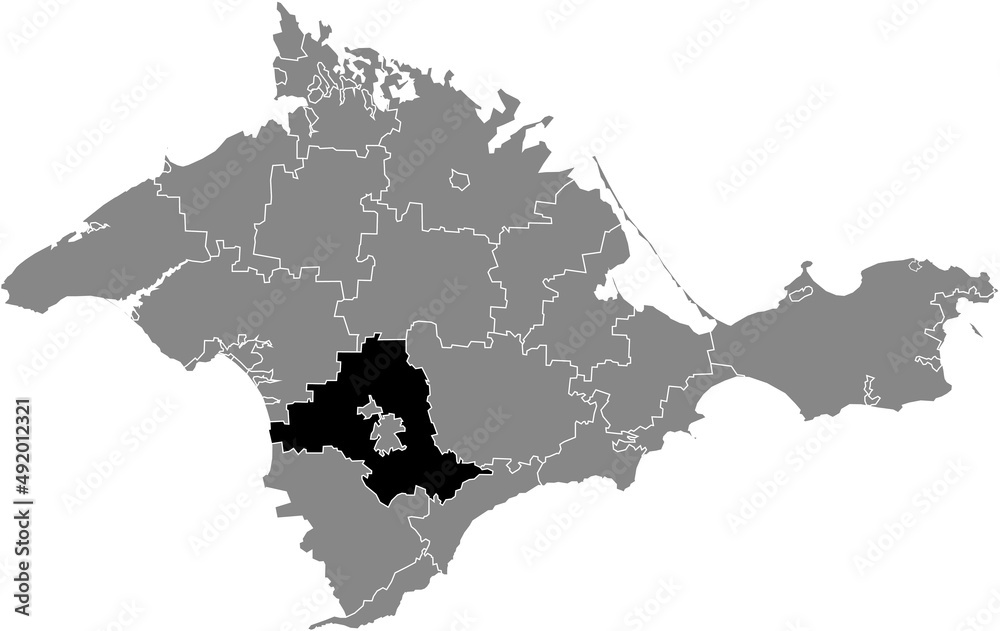 Obraz premium Black flat blank highlighted location map of the SIMFEROPOL RAION inside gray administrative map of raions and city municipalities of the Autonomous Republic of Crimea, Ukraine