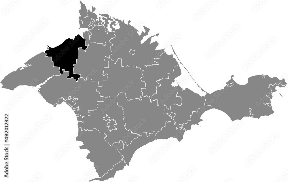 Obraz premium Black flat blank highlighted location map of the ROZDOLNE RAION inside gray administrative map of raions and city municipalities of the Autonomous Republic of Crimea, Ukraine