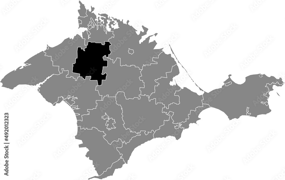 Black flat blank highlighted location map of the PERVOMAISKE RAION inside gray administrative map of raions and city municipalities of the Autonomous Republic of Crimea, Ukraine