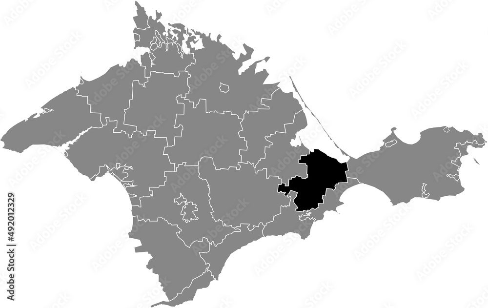 Black flat blank highlighted location map of the KIROVSKE RAION inside gray administrative map of raions and city municipalities of the Autonomous Republic of Crimea, Ukraine