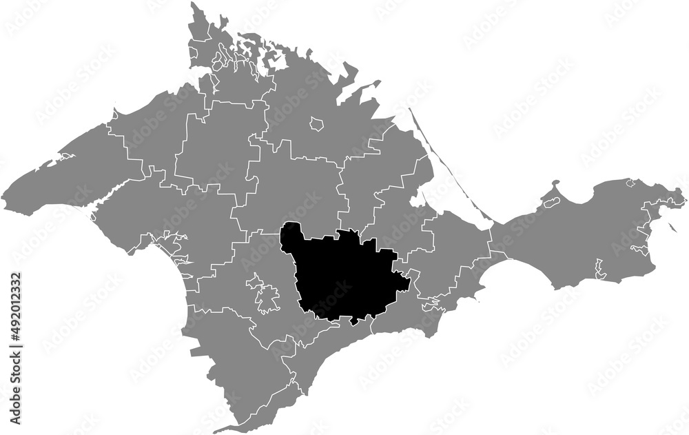 Obraz premium Black flat blank highlighted location map of the BILOHIRSK RAION inside gray administrative map of raions and city municipalities of the Autonomous Republic of Crimea, Ukraine