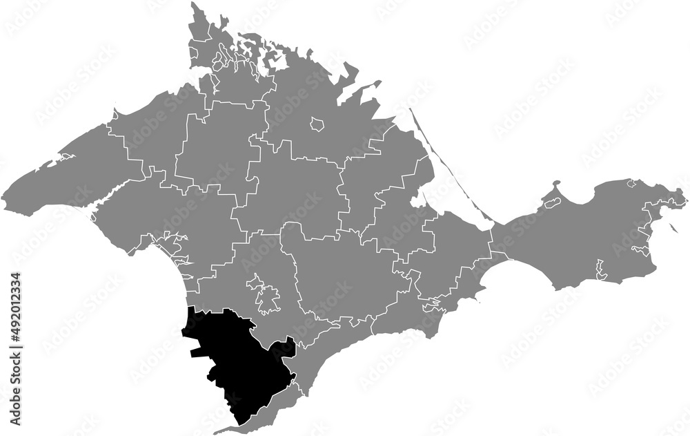 Fototapeta premium Black flat blank highlighted location map of the BAKHCHYSARAI RAION inside gray administrative map of raions and city municipalities of the Autonomous Republic of Crimea, Ukraine