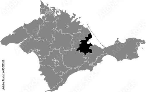 Black flat blank highlighted location map of the SOVETSKYI RAION inside gray administrative map of raions and city municipalities of the Autonomous Republic of Crimea  Ukraine