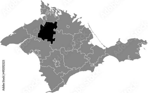 Black flat blank highlighted location map of the PERVOMAISKE RAION inside gray administrative map of raions and city municipalities of the Autonomous Republic of Crimea  Ukraine
