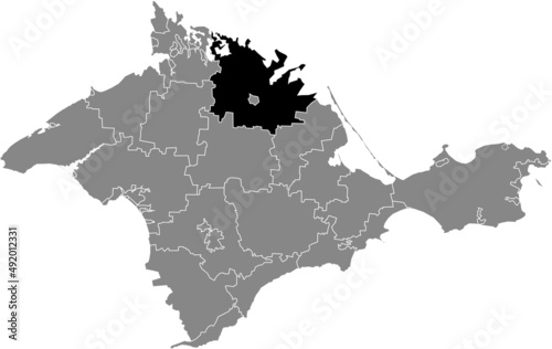 Black flat blank highlighted location map of the DZHANKOI RAION inside gray administrative map of raions and city municipalities of the Autonomous Republic of Crimea  Ukraine