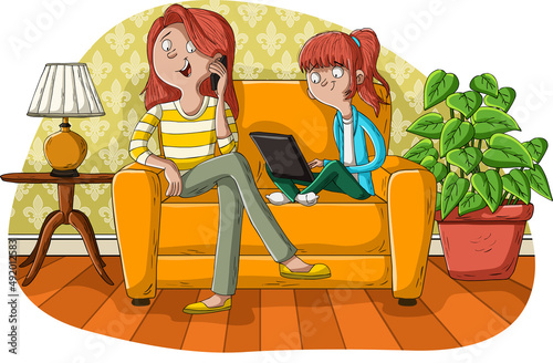 Mother and daughter in the living room with computer and cellphone.