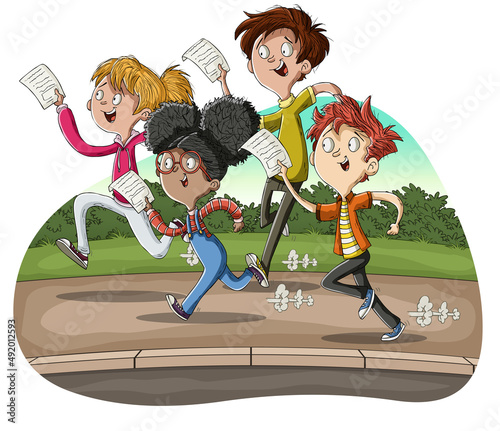 Group of happy cartoon young people running with paper note.