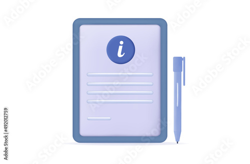 Information sheet, document icon 3d. User guide, manual or instruction with pen. Paper checklist, informational data, answers to questions. Guide page with search results. Vector illustration.