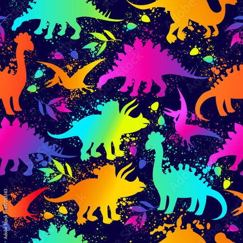 Seamless neon pattern with funny dinosaurs and paint splashes in vector. Bright children s background for textiles and fabrics. Texture with animals of the Jurassic period. Template for design.