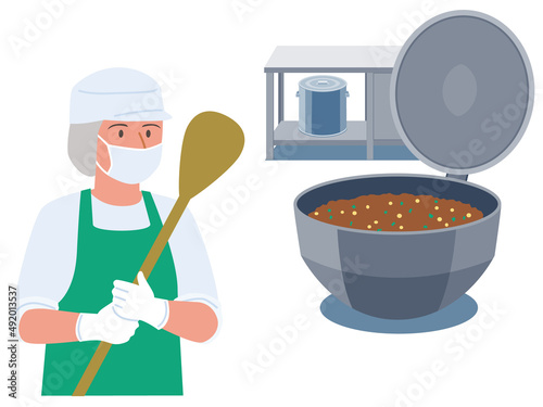 給食センターで給食づくりをする調理スタッフのベクターイラスト