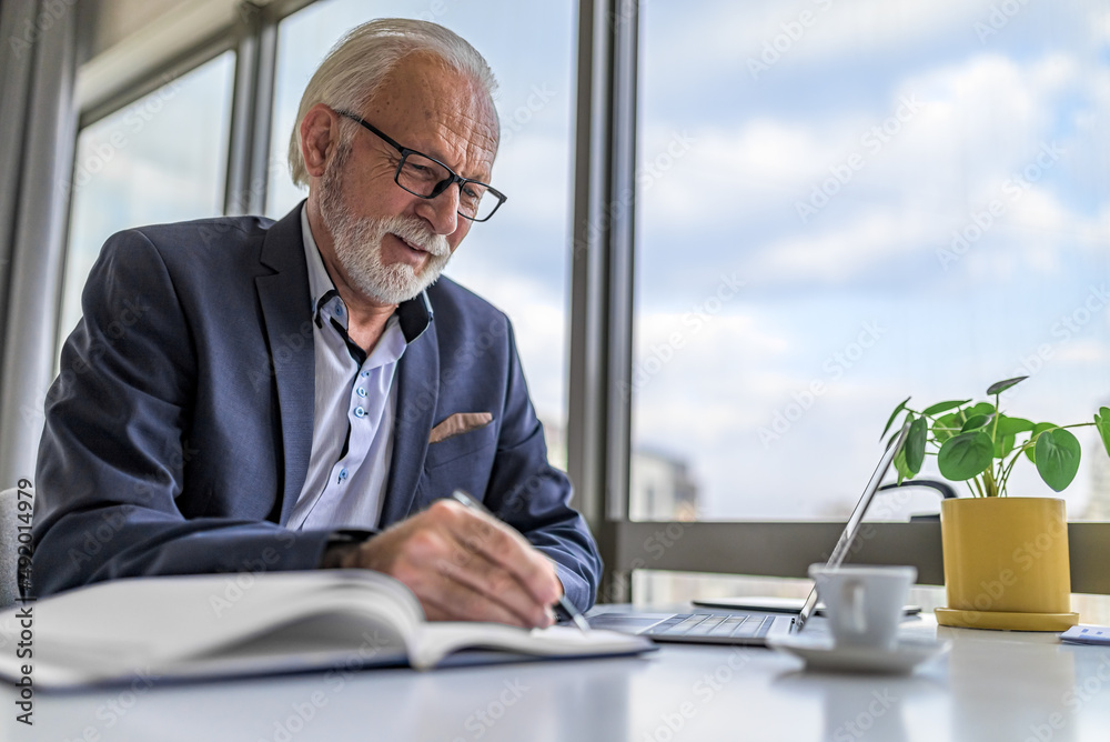 Mature businessman or entrepreneur working on laptop computer and taking  notes and writing. Handsome senior business leader working in a modern  corporate office next to large window Stock-Foto | Adobe Stock