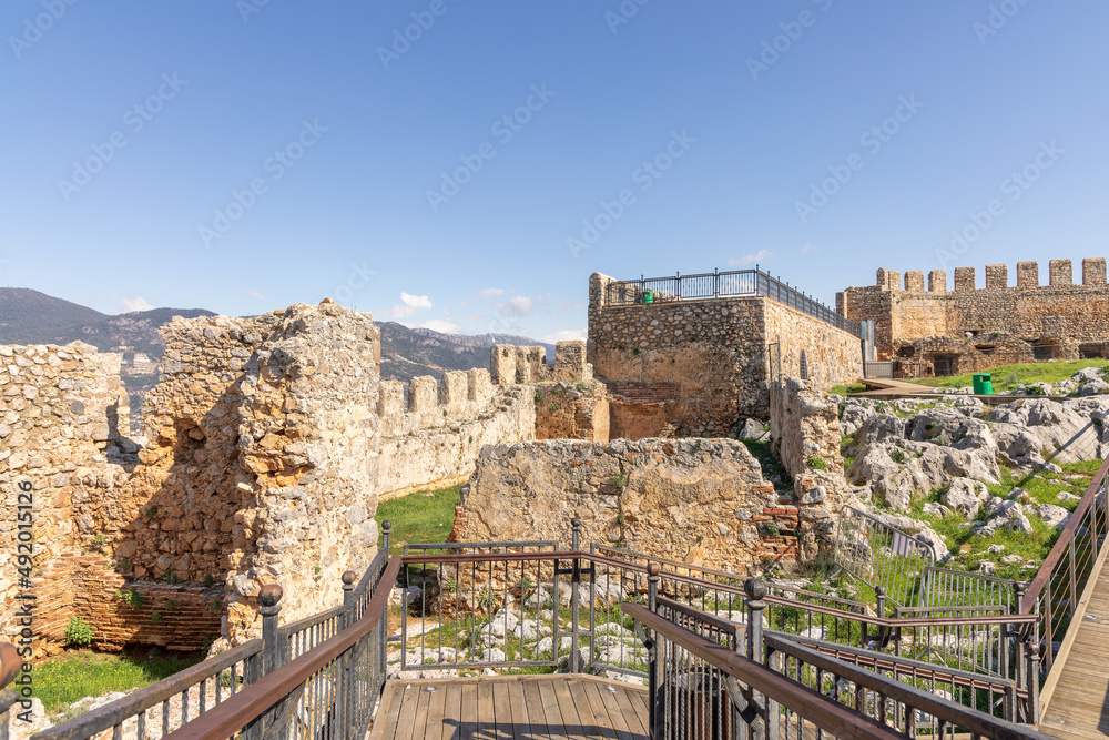 Inner fortress of Medieval Alanya Castle on Mediterranean coast of in Southern Turkey.