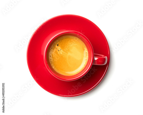 Cup of coffee isolated on white background, top view