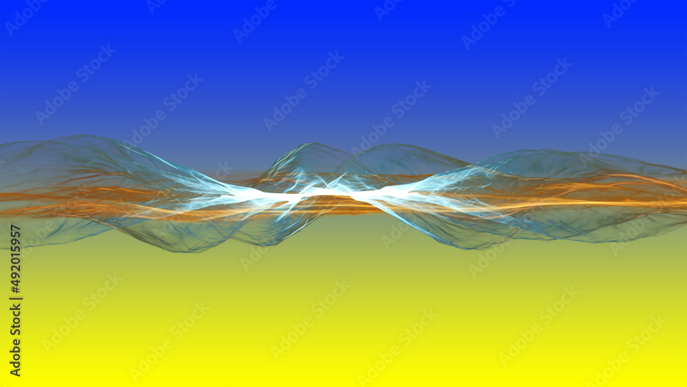 Abstract image of fire on the background of the flag of Ukraine. 3D illustration, computer-generated fractal 