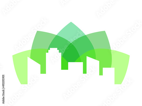 White city skyline on a green leaves. Green city concept. Sustainable urban development. Eco friendly building. Environment conservation idea. Nature in town logo. Vector illustration, flat, clip art