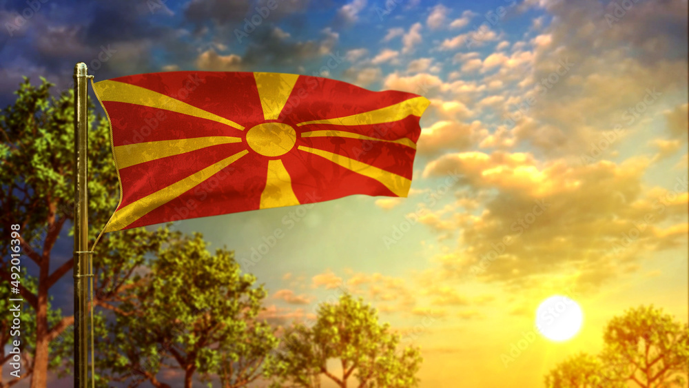 waving flag of Macedonia at sunset for independence day - abstract 3D illustration