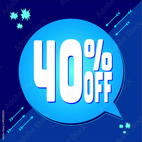-40 percent discount. 40% discount. Up to 40%. Blue banner with floating balloon for promotions and offers. Up to. High Resolution photo