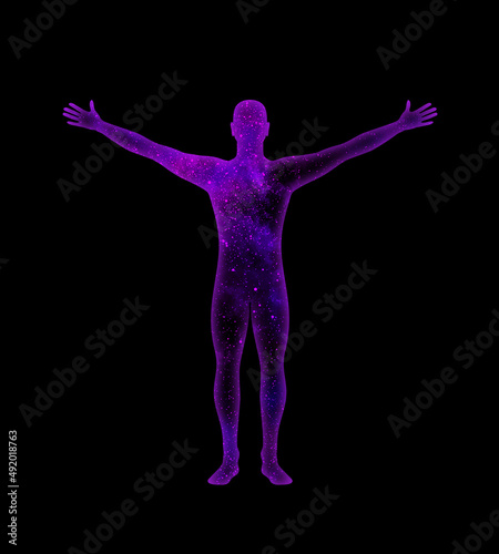 Purple blue stellar cosmic male silhouette with outstretched arms on a black background