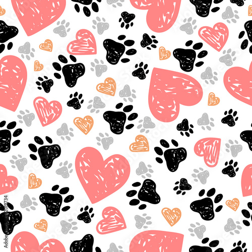 Seamless pattern with funny dogs on background with rainbow in vector. Background with cute pets dogs in scandinavian style. Template for children's clothing, fabric, wrapping paper.
