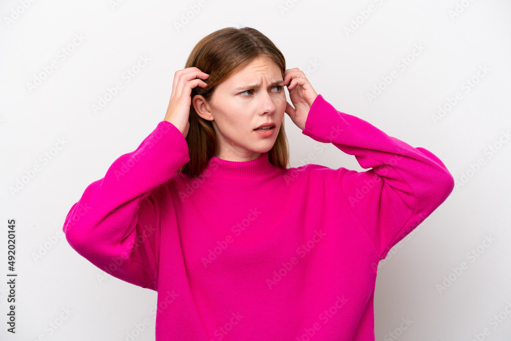 Young English woman isolated on white background having doubts and thinking Young English woman isolated on white background having doubts and thinking