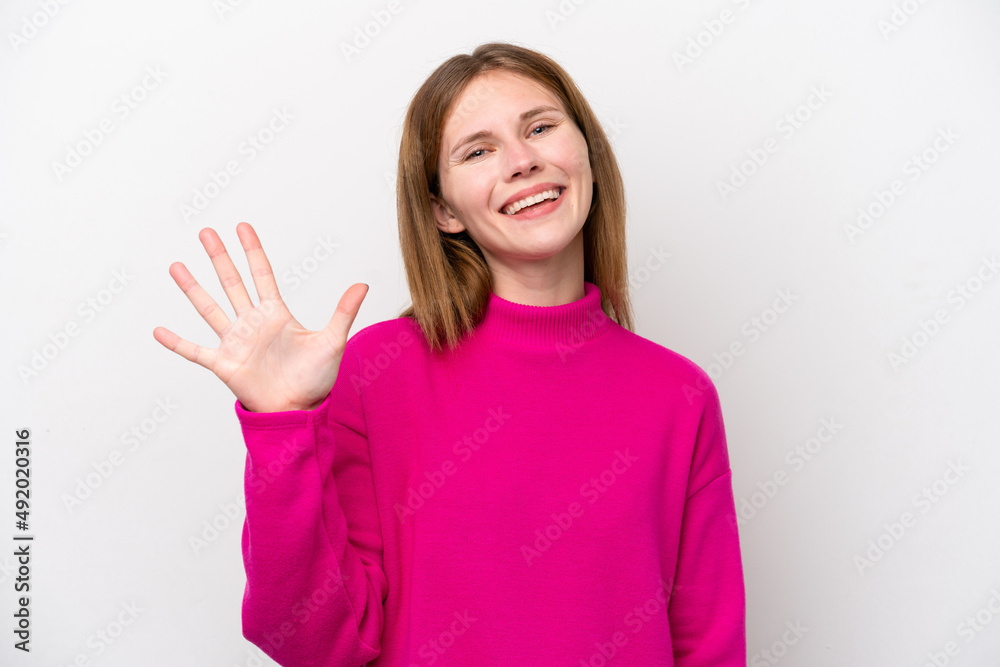 Young English woman isolated on white background counting five with fingers Young English woman isolated on white background counting five with fingers