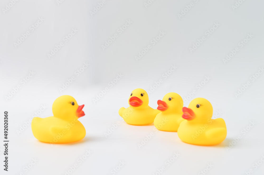 Toy duck leader with office staff. Social workers and leader concept. Toy duck leader with office staff. Social workers and leader concept.