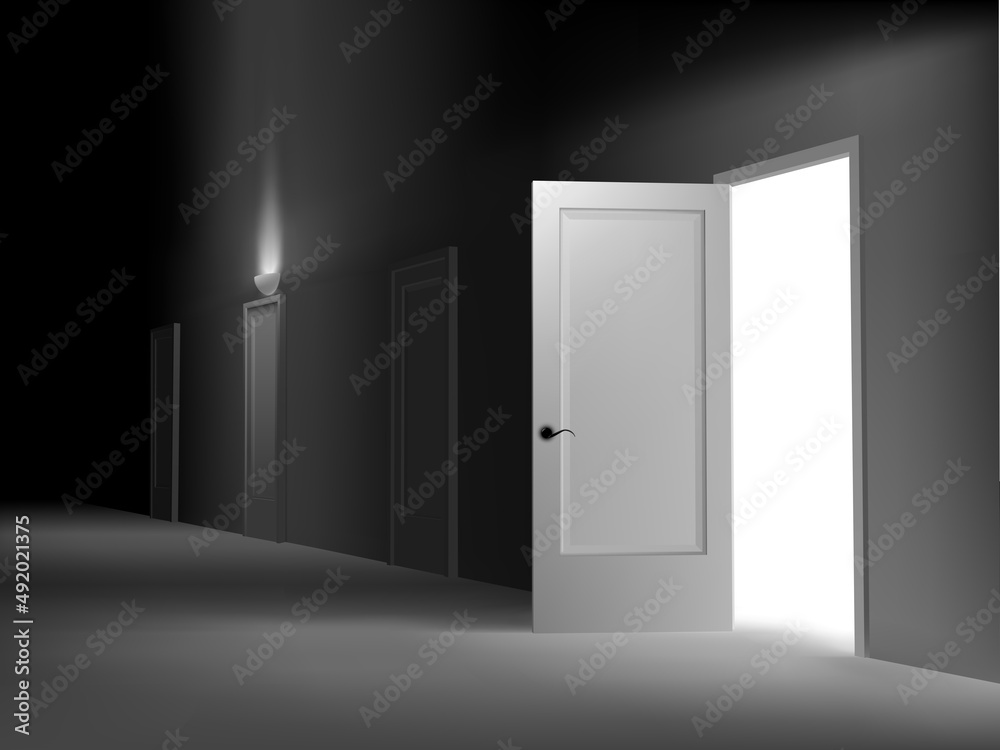 Open door illustration in dark corridor Open door illustration in dark corridor