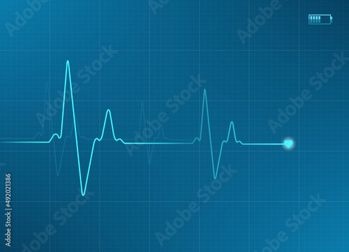 Electrocardiogram illustration in blue color with battery icon