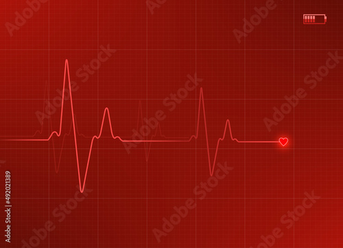 Electrocardiogram illustration in red color with battery icon