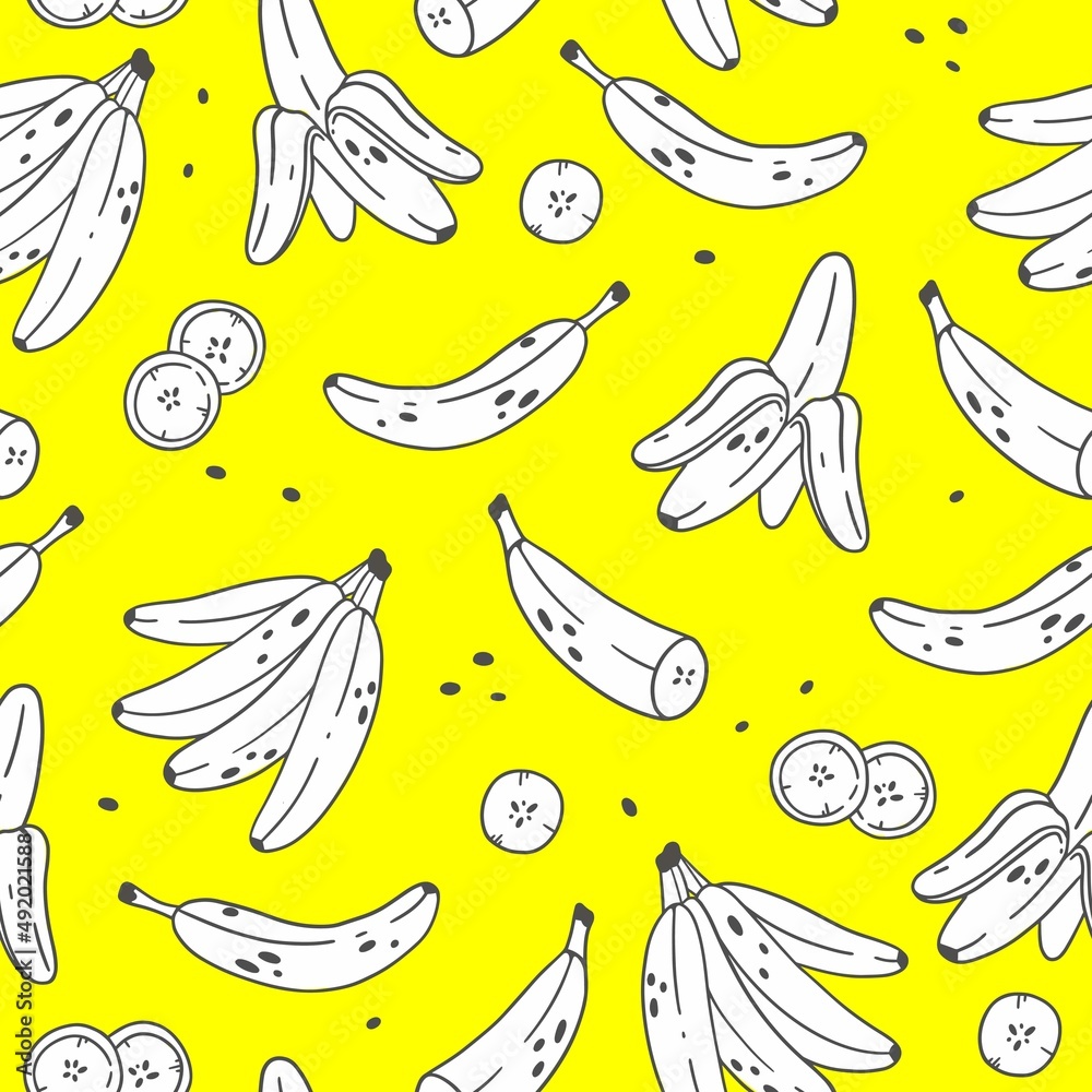 Seamless pattern with colorless bananas in cute cartoon doodle style. Food illustration. Pattern with slices of bananas, bunch of bananas, cut banana on a yellow background.
